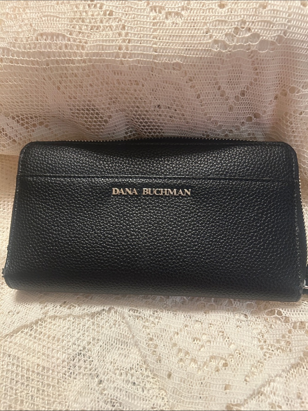Dana Buchman Black Pebbled Leather Zip-Around Wallet with Gold Logo